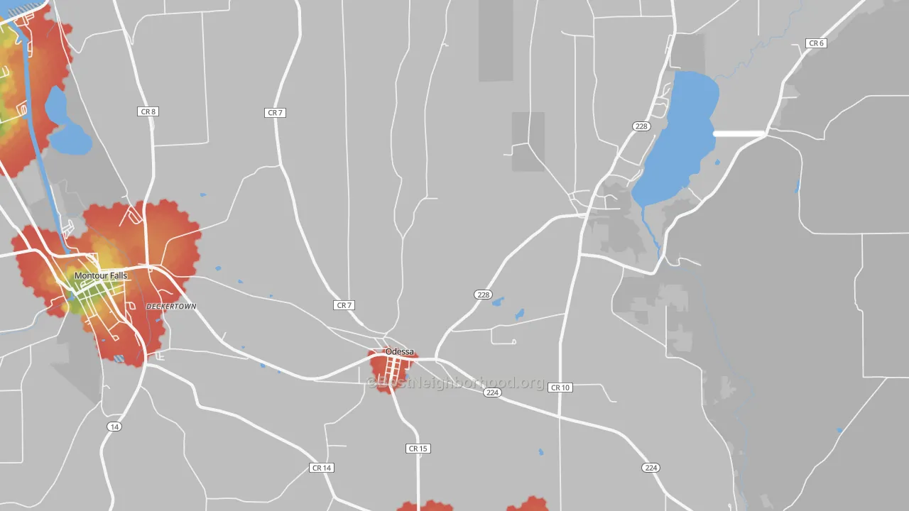 Walk Grade map of 14869, NY, walkable areas in green and car-dependent areas in red