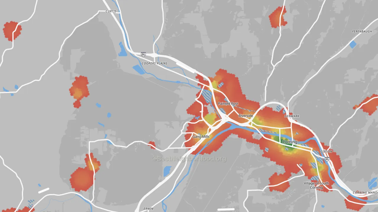 Walk Grade map of 14870, NY, walkable areas in green and car-dependent areas in red