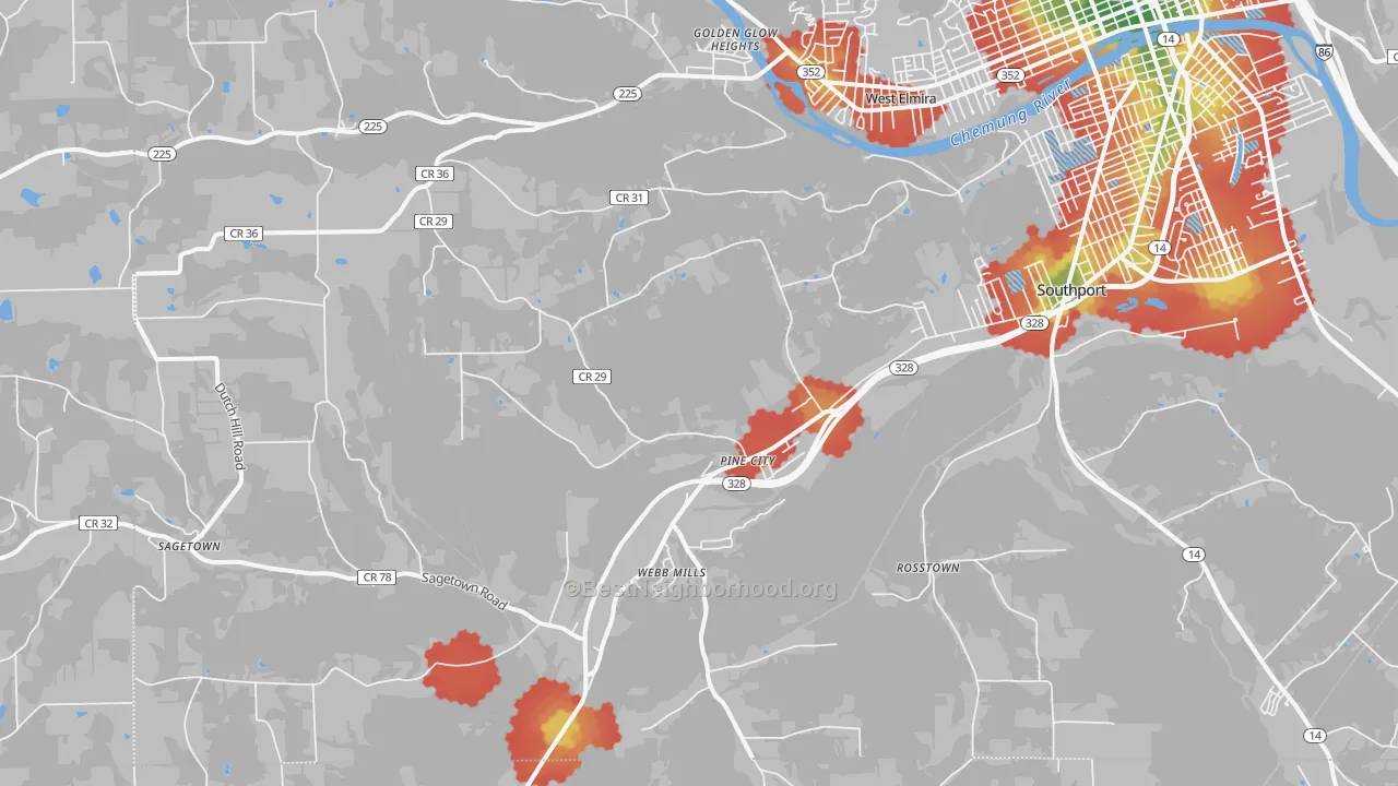 Walk Grade map of 14871, NY, walkable areas in green and car-dependent areas in red