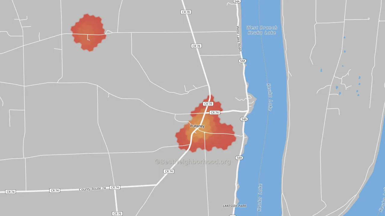 Walk Grade map of 14874, NY, walkable areas in green and car-dependent areas in red