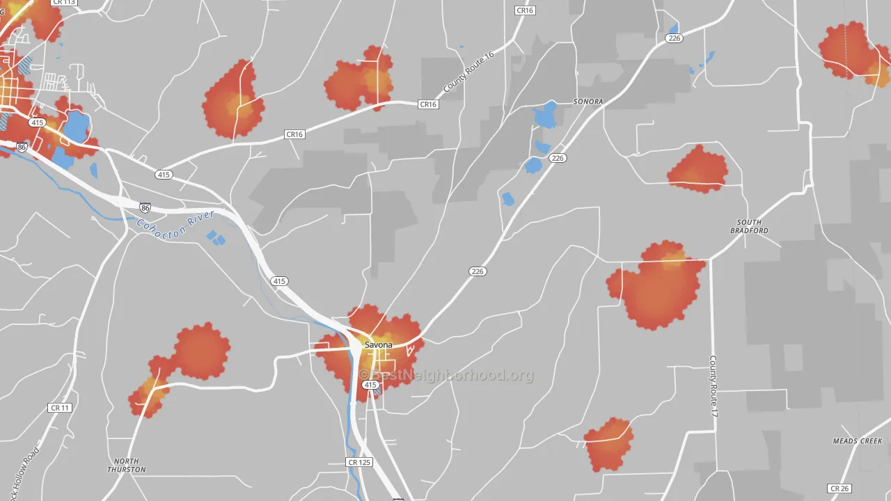 Walk Grade map of 14879, NY, walkable areas in green and car-dependent areas in red