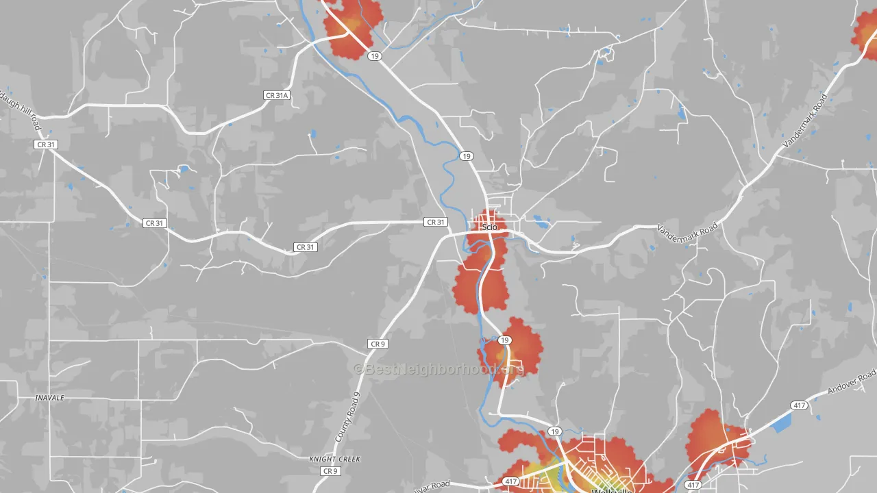 Walk Grade map of 14880, NY, walkable areas in green and car-dependent areas in red