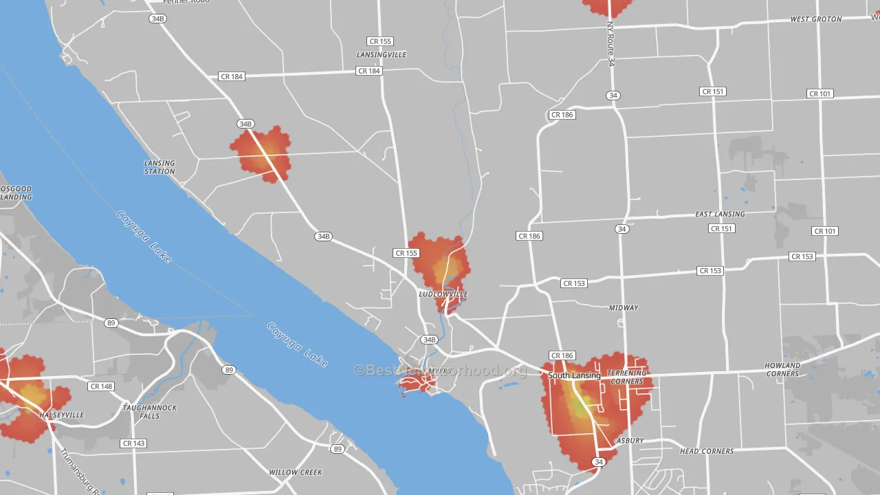 Walk Grade map of 14882, NY, walkable areas in green and car-dependent areas in red