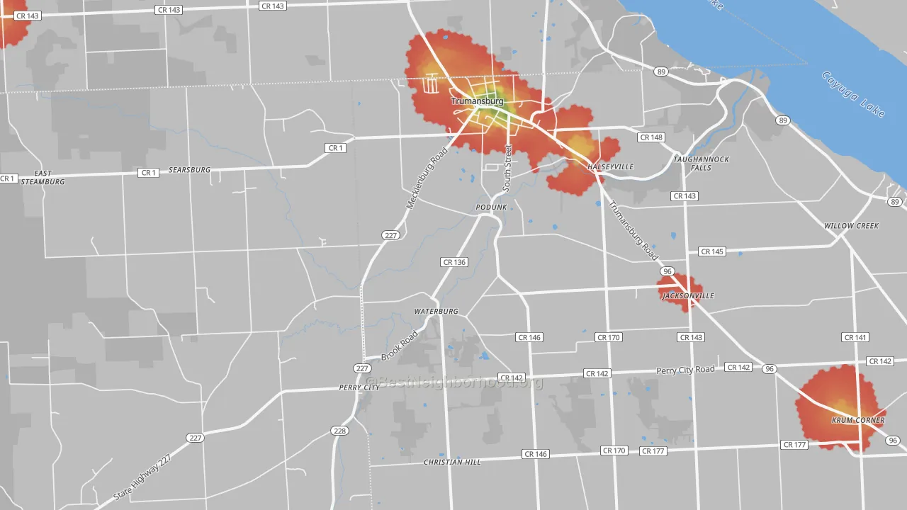 Walk Grade map of 14886, NY, walkable areas in green and car-dependent areas in red