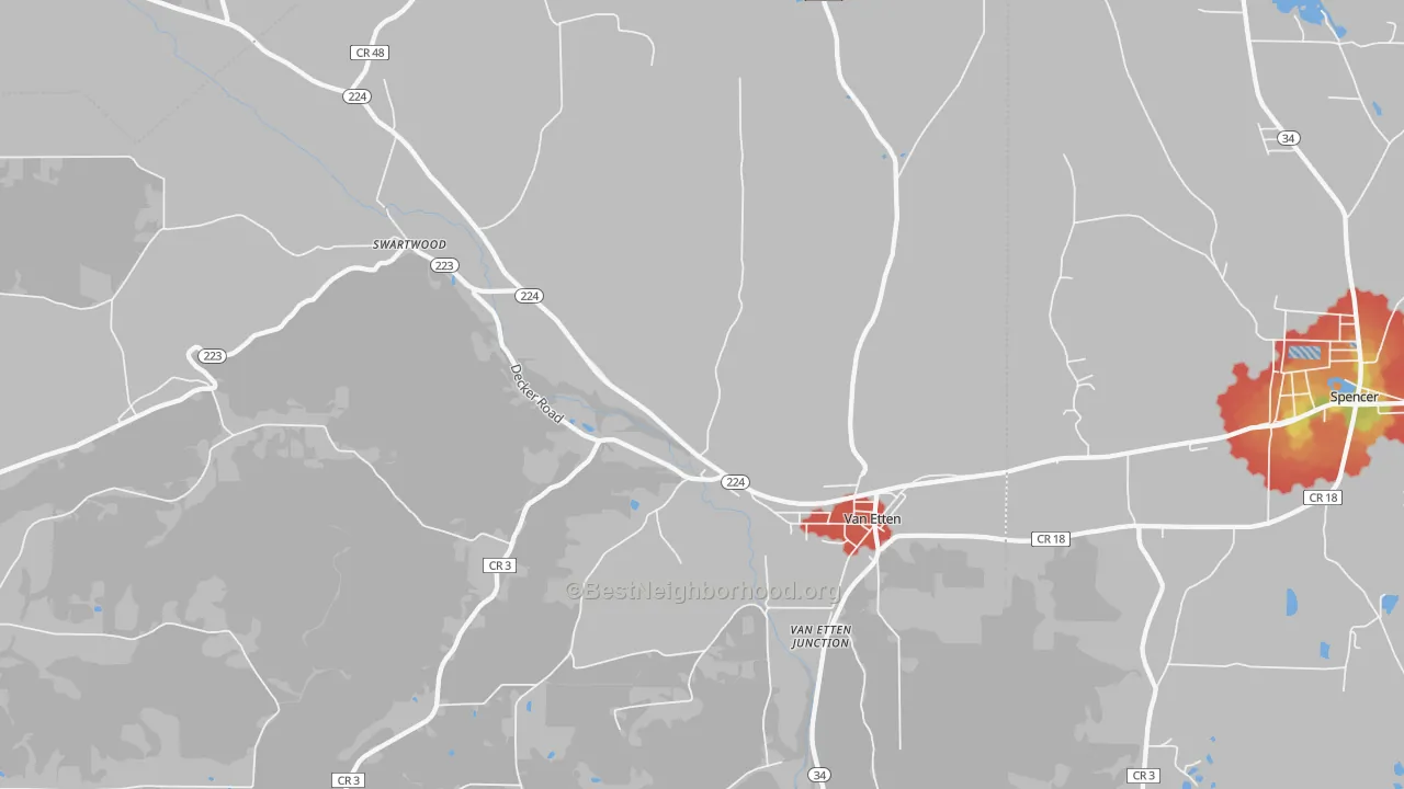Walk Grade map of 14889, NY, walkable areas in green and car-dependent areas in red