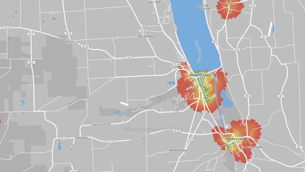 Walk Grade map of 14891, NY, walkable areas in green and car-dependent areas in red
