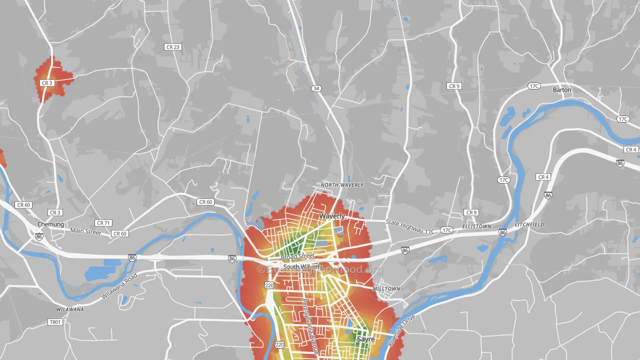 Walk Grade map of 14892, NY, walkable areas in green and car-dependent areas in red