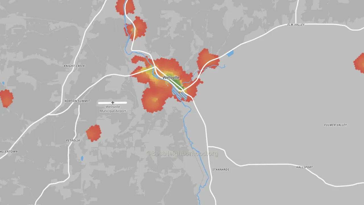 Walk Grade map of 14895, NY, walkable areas in green and car-dependent areas in red