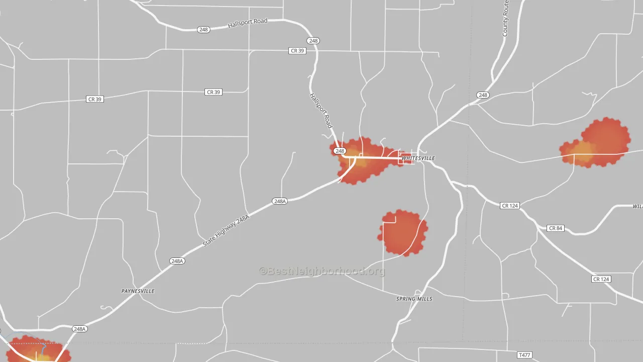 Walk Grade map of 14897, NY, walkable areas in green and car-dependent areas in red
