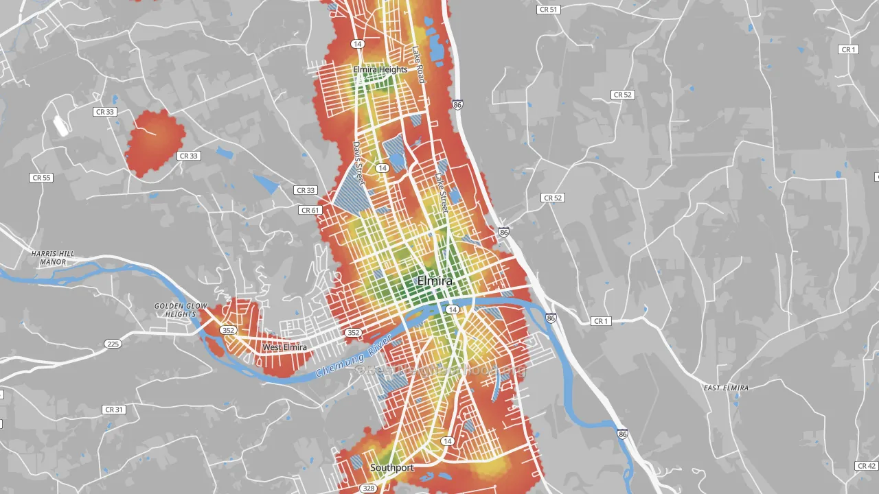Walk Grade map of 14901, NY, walkable areas in green and car-dependent areas in red
