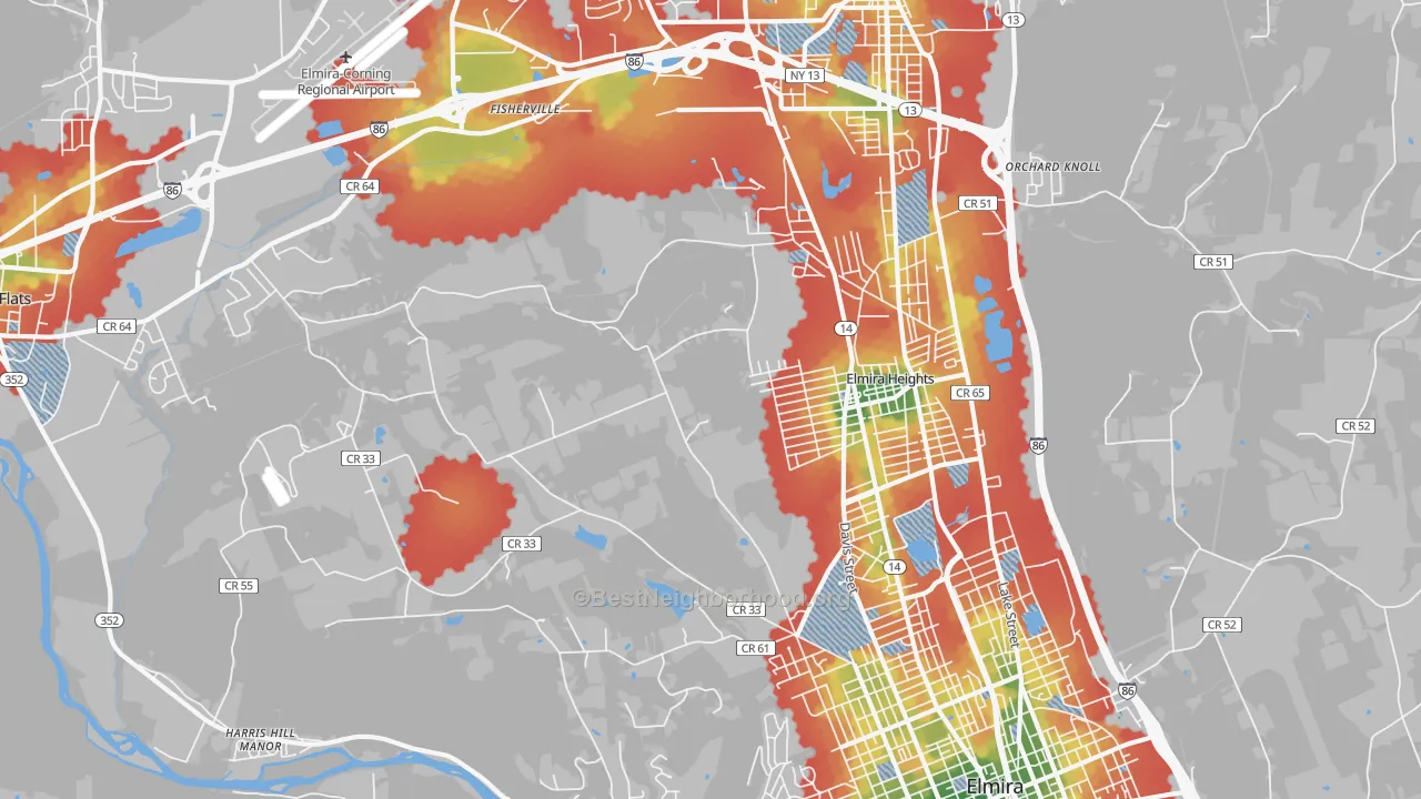 Walk Grade map of 14903, NY, walkable areas in green and car-dependent areas in red