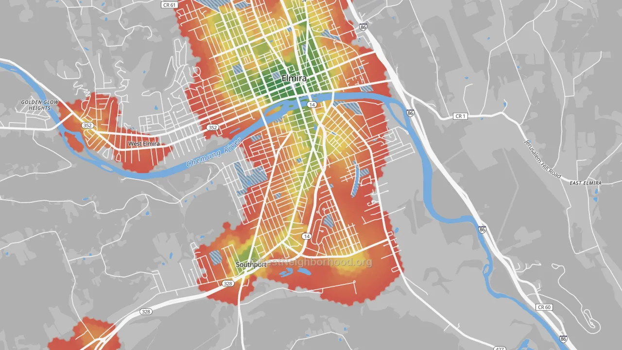 Walk Grade map of 14904, NY, walkable areas in green and car-dependent areas in red