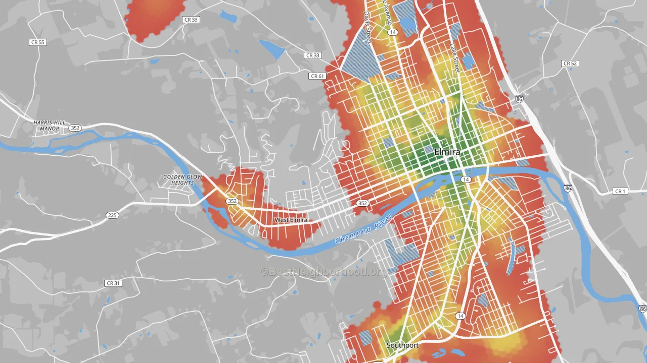 Walk Grade map of 14905, NY, walkable areas in green and car-dependent areas in red