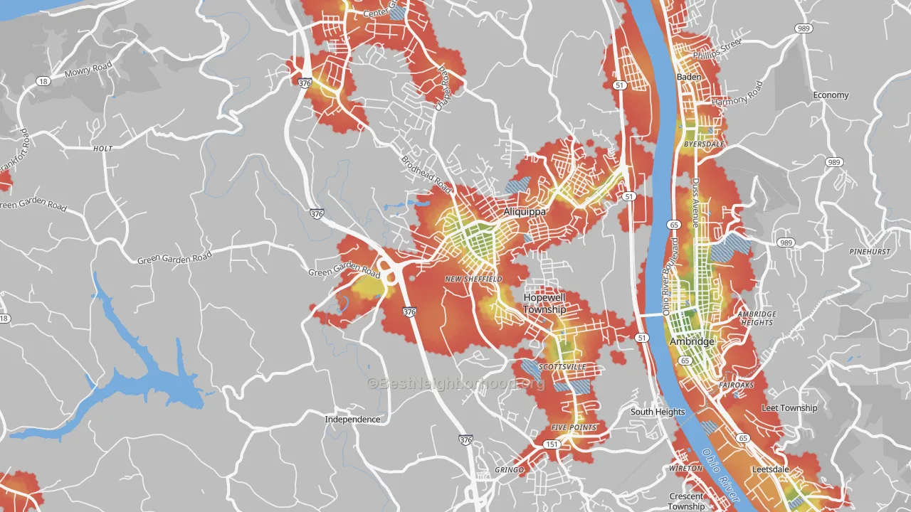 Walk Grade map of 15001, PA, walkable areas in green and car-dependent areas in red