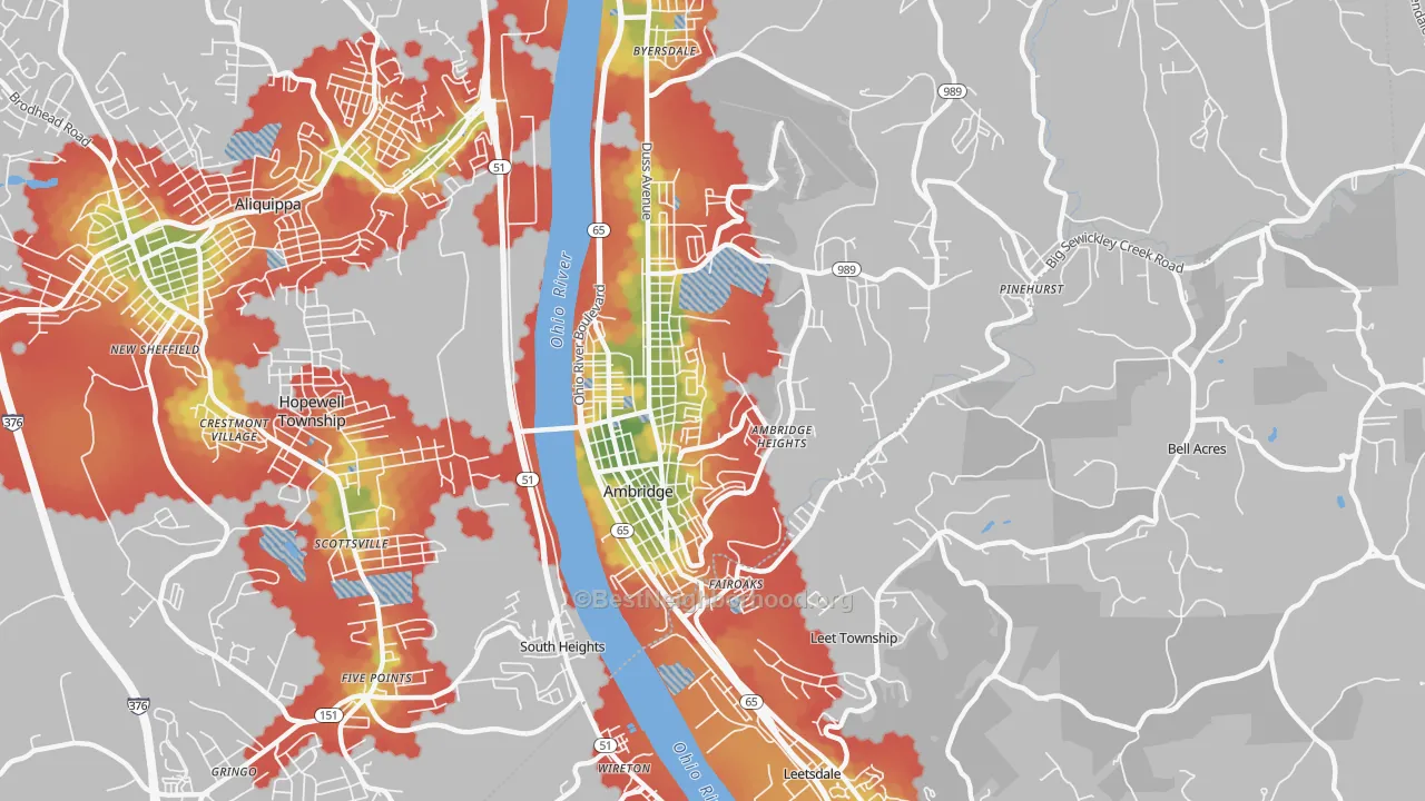 Walk Grade map of 15003, PA, walkable areas in green and car-dependent areas in red