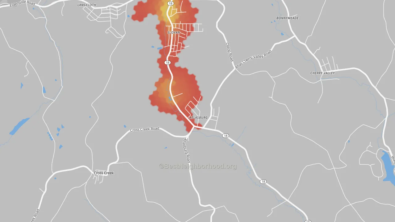 Walk Grade map of 15004, PA, walkable areas in green and car-dependent areas in red
