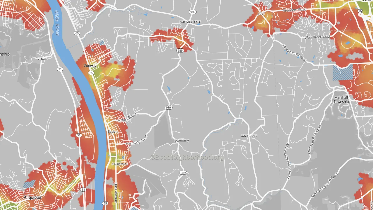 Walk Grade map of 15005, PA, walkable areas in green and car-dependent areas in red