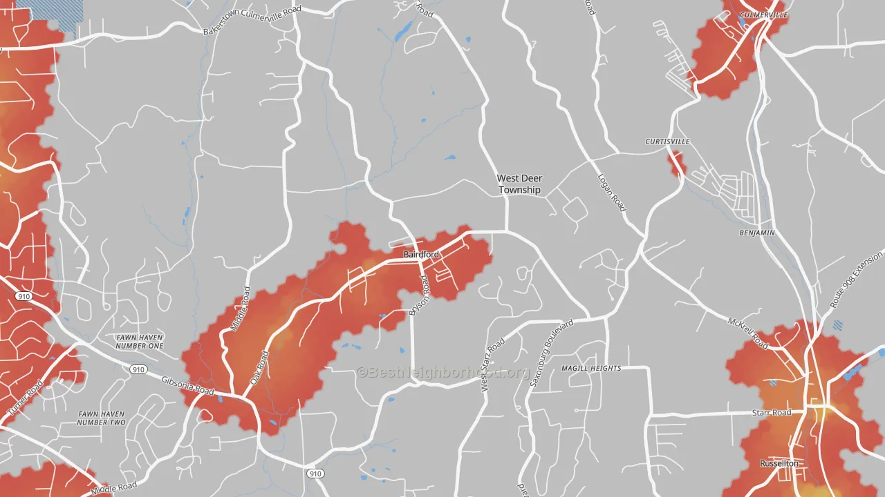 Walk Grade map of 15006, PA, walkable areas in green and car-dependent areas in red