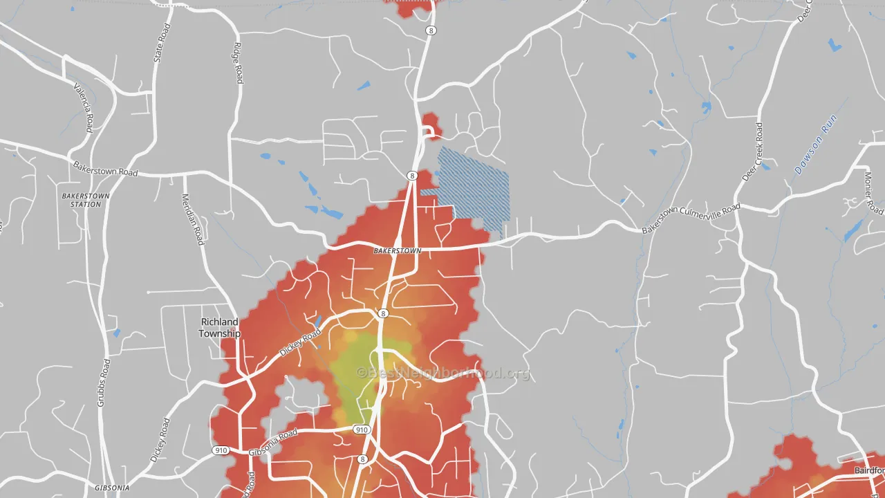 Walk Grade map of 15007, PA, walkable areas in green and car-dependent areas in red