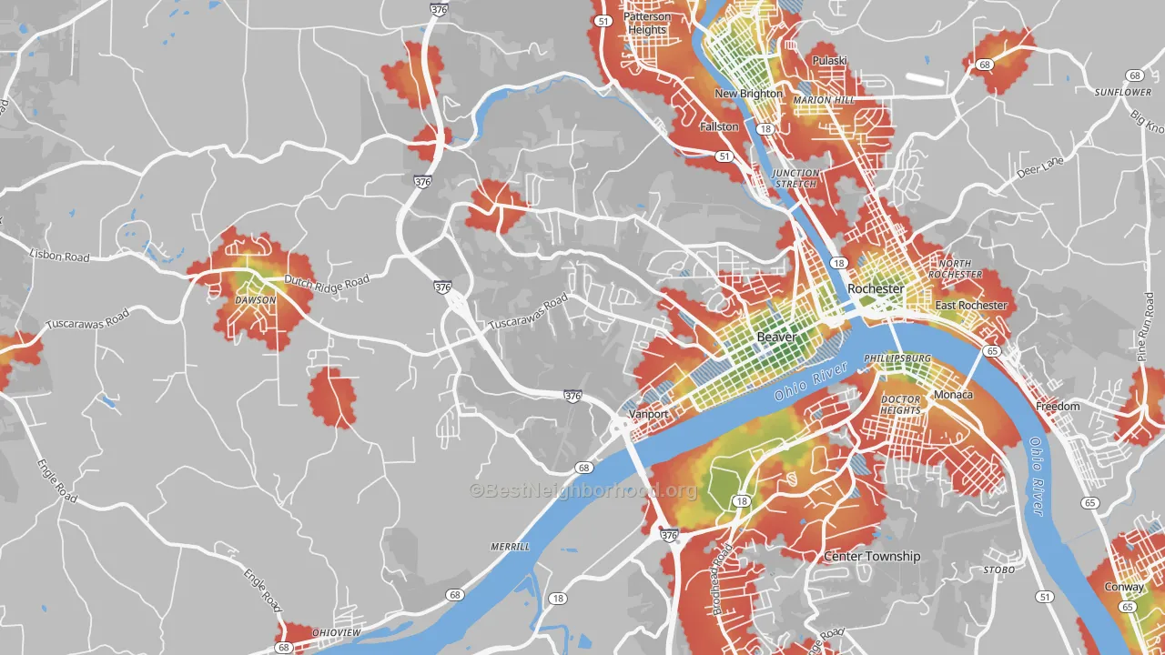 Walk Grade map of 15009, PA, walkable areas in green and car-dependent areas in red