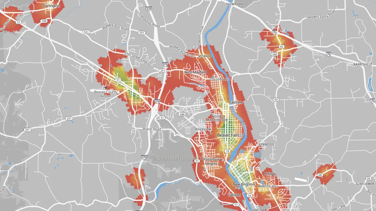 Walk Grade map of 15010, PA, walkable areas in green and car-dependent areas in red