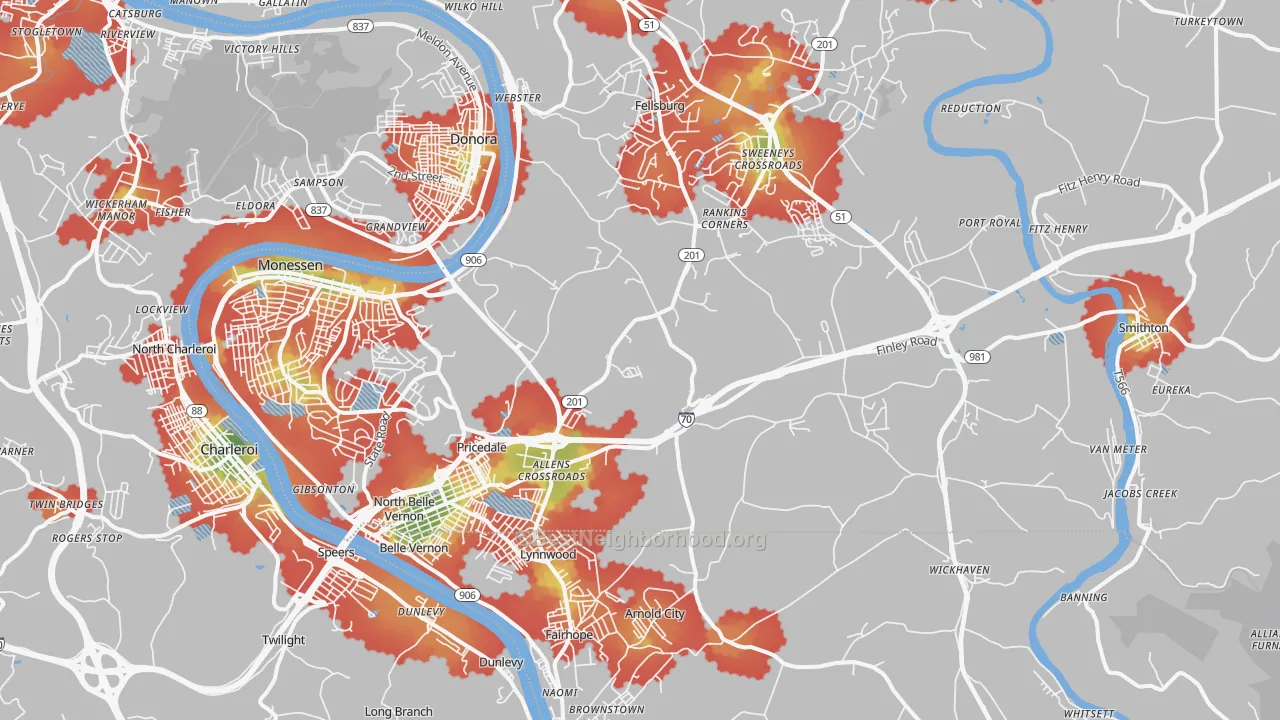 Walk Grade map of 15012, PA, walkable areas in green and car-dependent areas in red