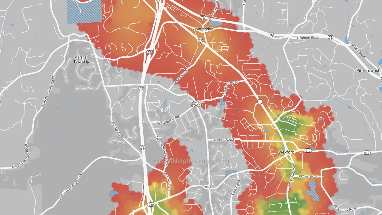 Walk Grade map of 15015, PA, walkable areas in green and car-dependent areas in red