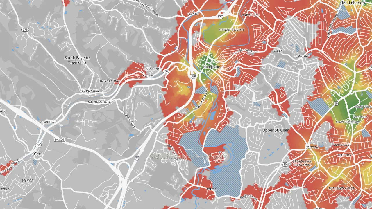 Walk Grade map of 15017, PA, walkable areas in green and car-dependent areas in red