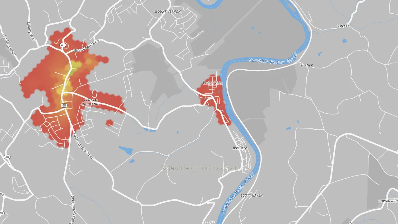 Walk Grade map of 15018, PA, walkable areas in green and car-dependent areas in red