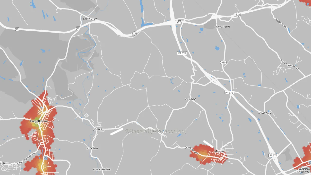 Walk Grade map of 15019, PA, walkable areas in green and car-dependent areas in red