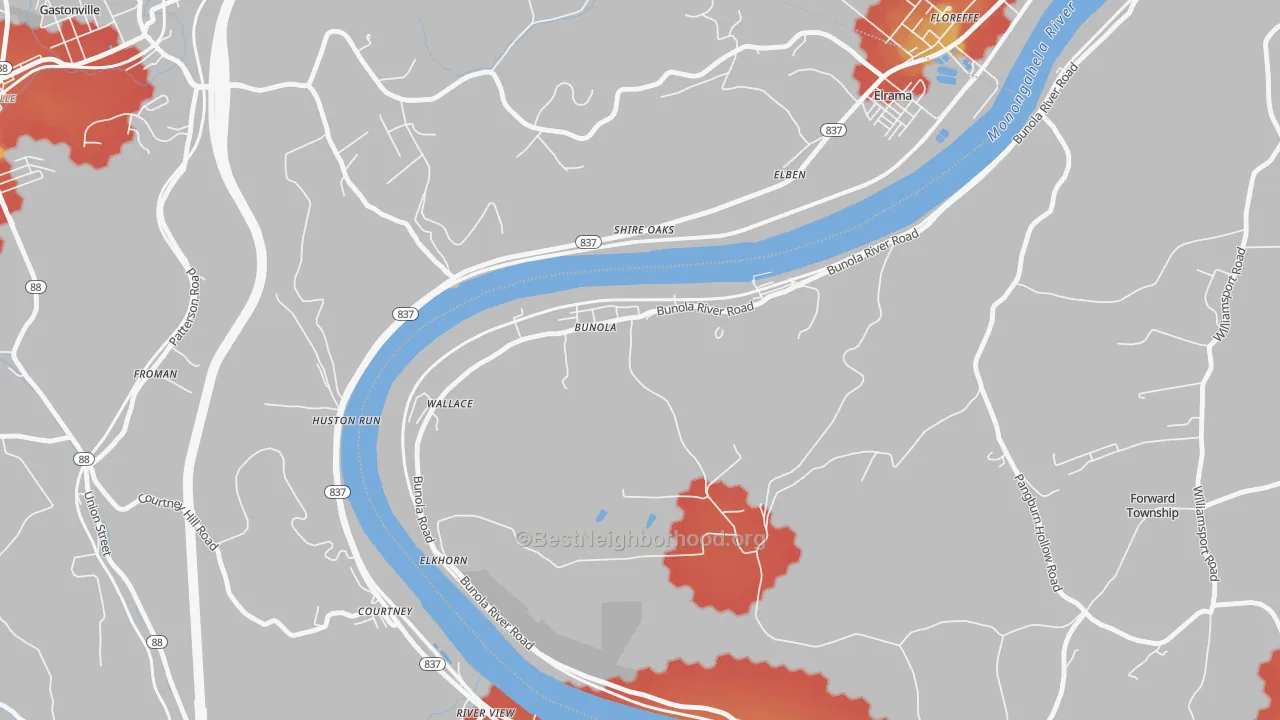 Walk Grade map of 15020, PA, walkable areas in green and car-dependent areas in red