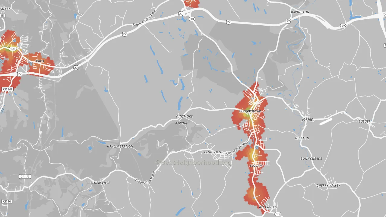 Walk Grade map of 15021, PA, walkable areas in green and car-dependent areas in red