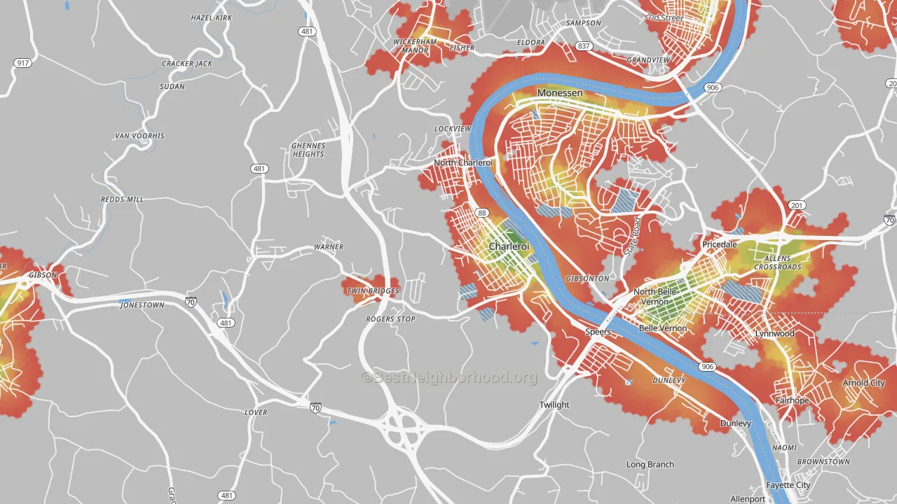Walk Grade map of 15022, PA, walkable areas in green and car-dependent areas in red