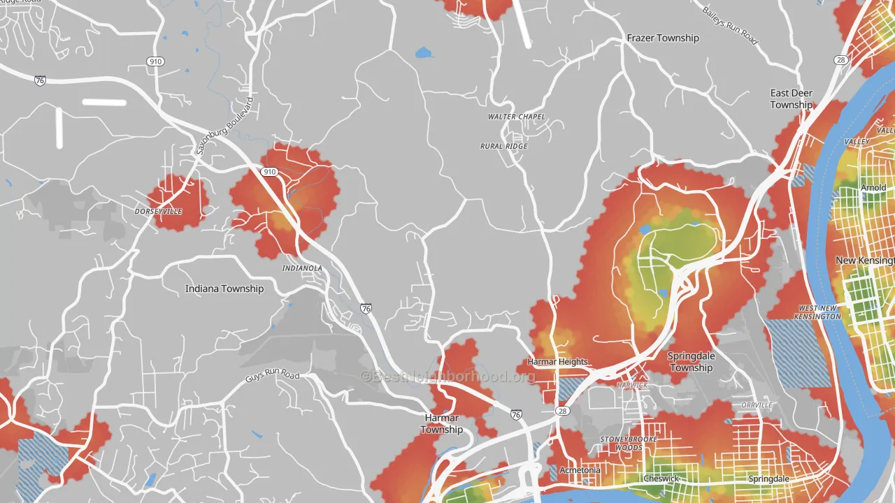 Walk Grade map of 15024, PA, walkable areas in green and car-dependent areas in red
