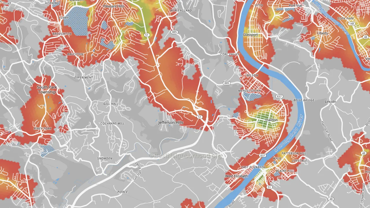Walk Grade map of 15025, PA, walkable areas in green and car-dependent areas in red