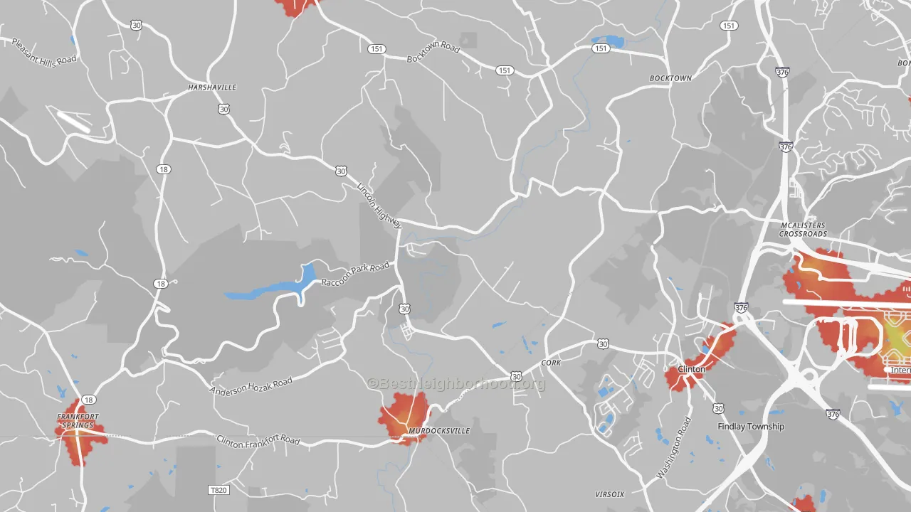 Walk Grade map of 15026, PA, walkable areas in green and car-dependent areas in red