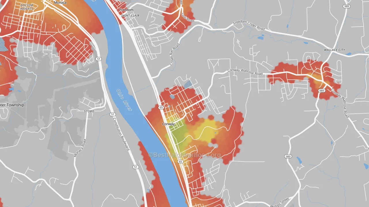 Walk Grade map of 15027, PA, walkable areas in green and car-dependent areas in red