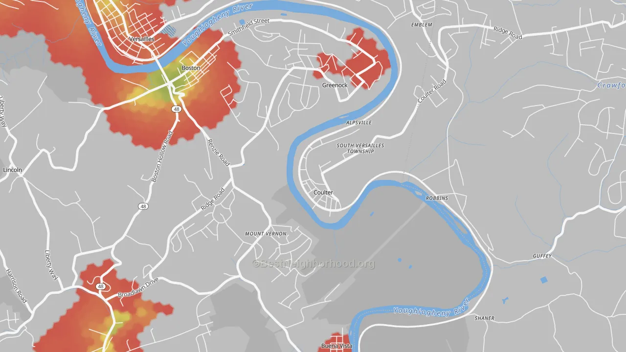Walk Grade map of 15028, PA, walkable areas in green and car-dependent areas in red