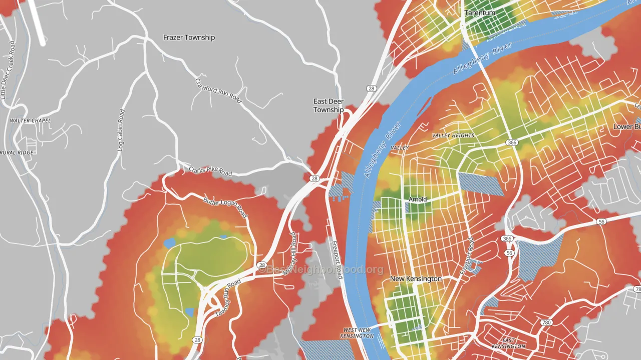 Walk Grade map of 15030, PA, walkable areas in green and car-dependent areas in red