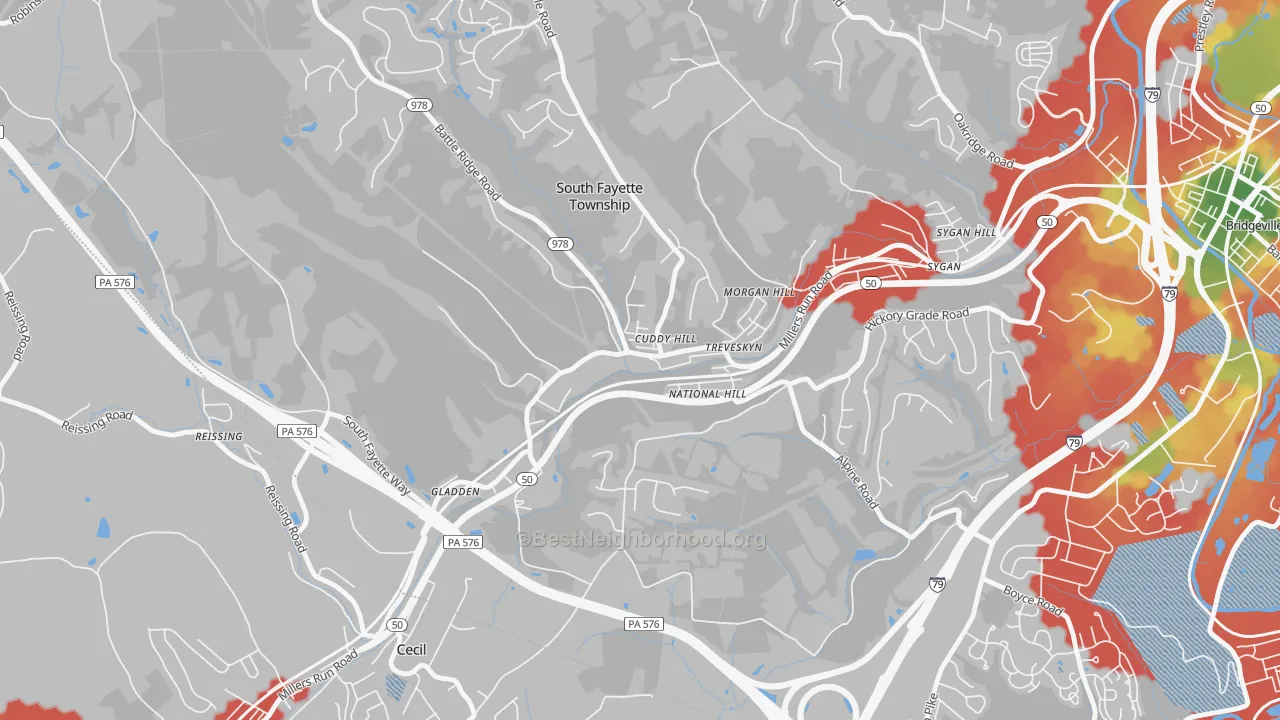 Walk Grade map of 15031, PA, walkable areas in green and car-dependent areas in red
