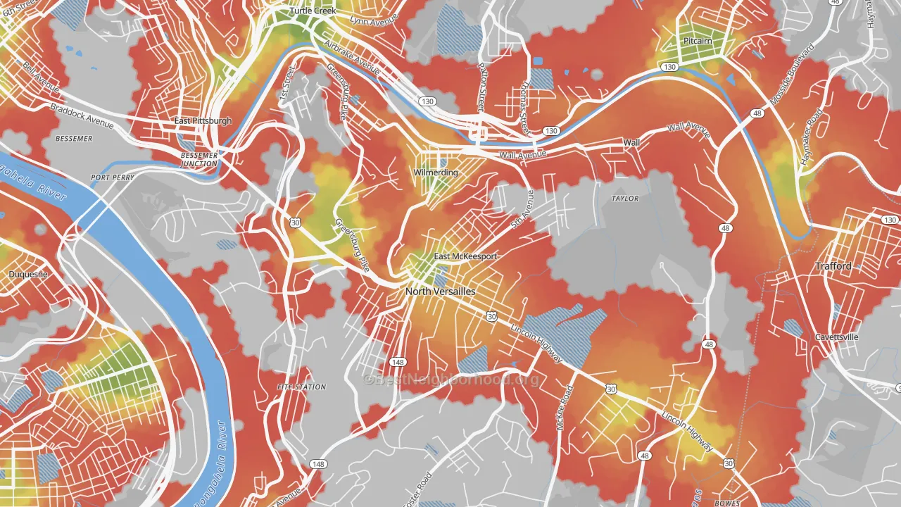 Walk Grade map of 15035, PA, walkable areas in green and car-dependent areas in red