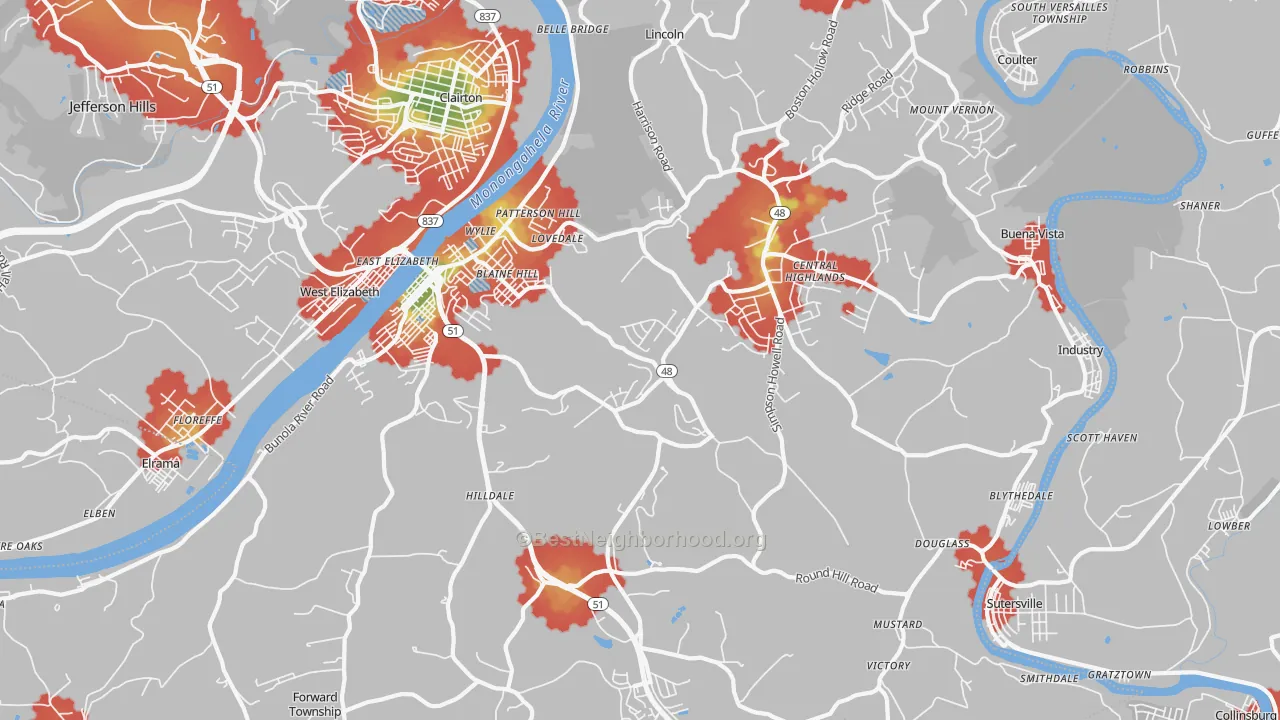 Walk Grade map of 15037, PA, walkable areas in green and car-dependent areas in red
