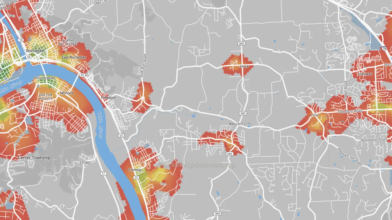 Walk Grade map of 15042, PA, walkable areas in green and car-dependent areas in red