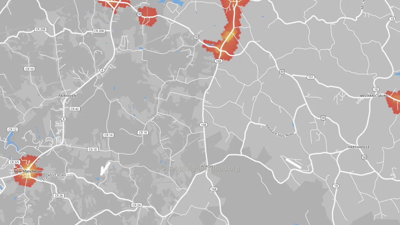 Walk Grade map of 15043, PA, walkable areas in green and car-dependent areas in red