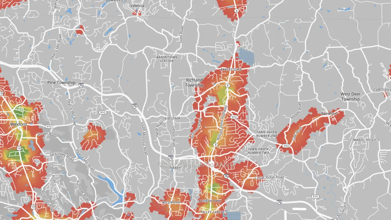 Walk Grade map of 15044, PA, walkable areas in green and car-dependent areas in red