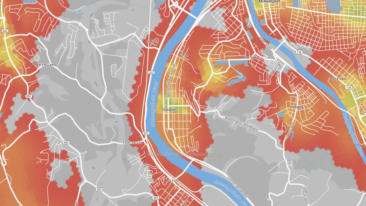 Walk Grade map of 15045, PA, walkable areas in green and car-dependent areas in red