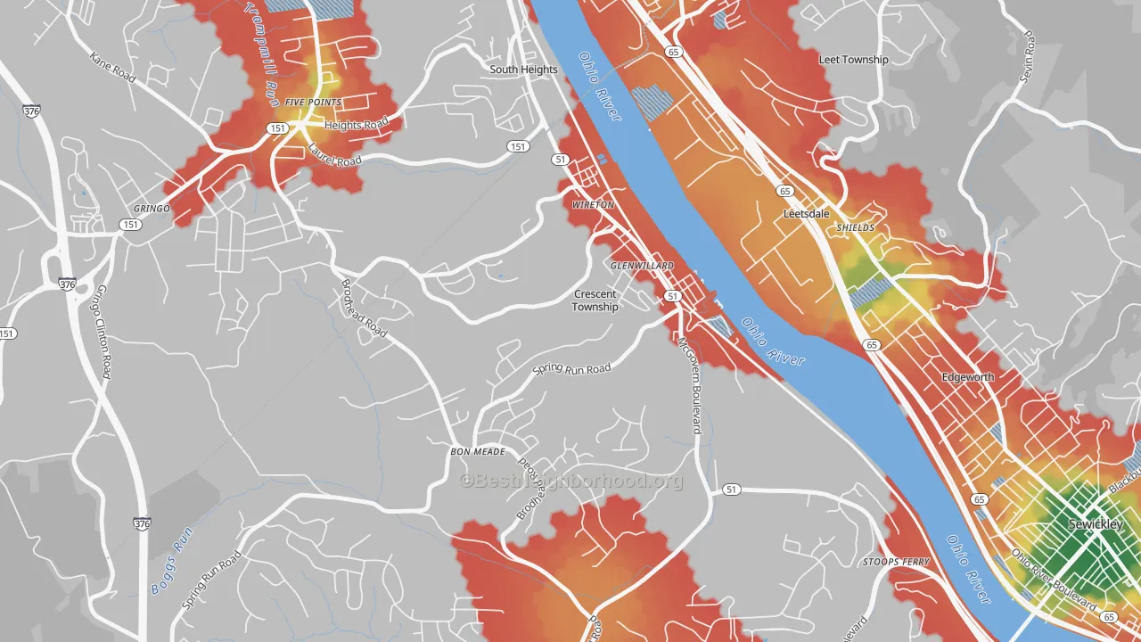 Walk Grade map of 15046, PA, walkable areas in green and car-dependent areas in red