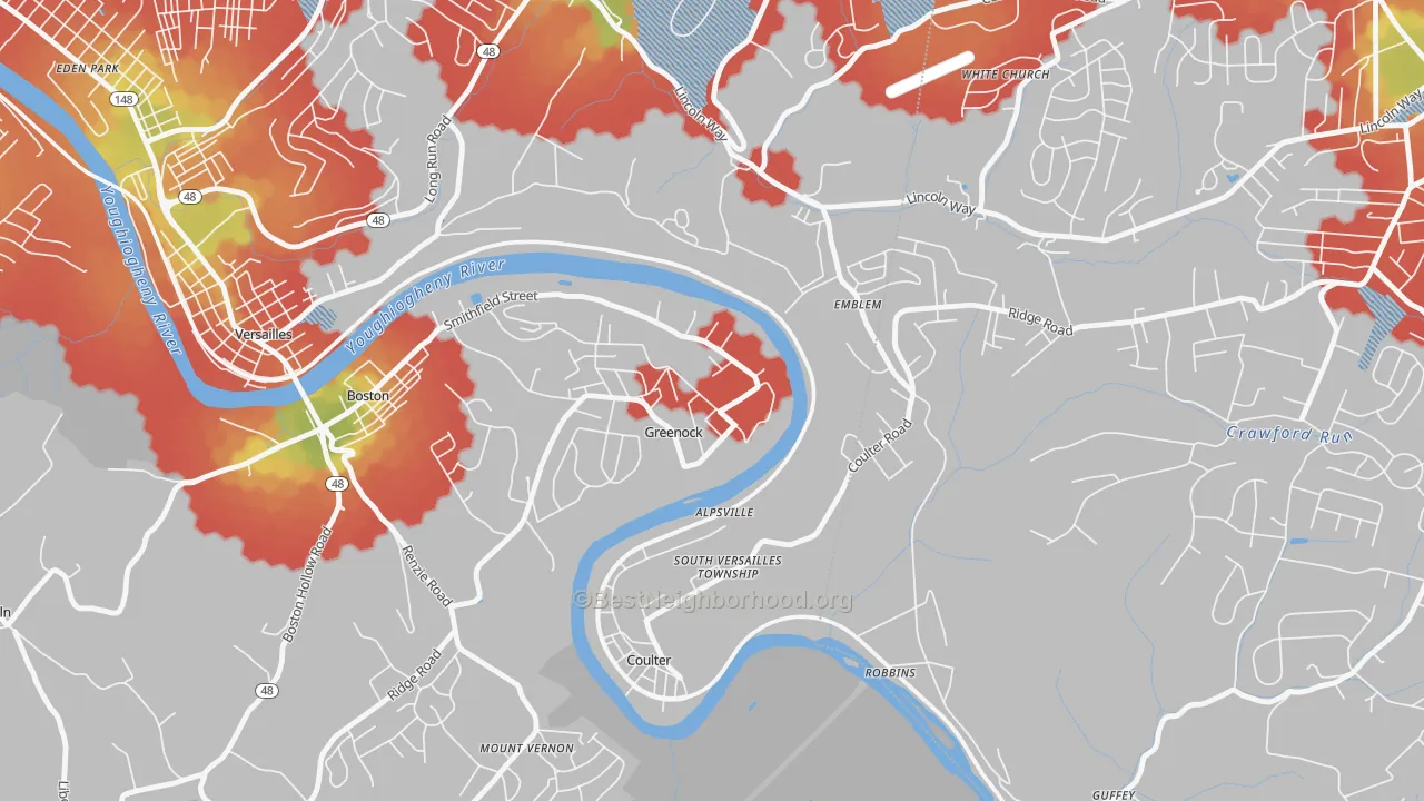 Walk Grade map of 15047, PA, walkable areas in green and car-dependent areas in red