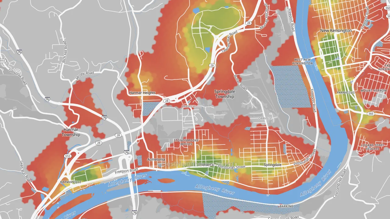 Walk Grade map of 15049, PA, walkable areas in green and car-dependent areas in red