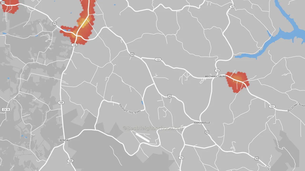 Walk Grade map of 15050, PA, walkable areas in green and car-dependent areas in red